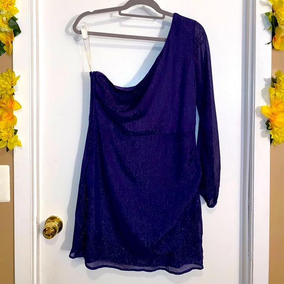 NWT- Charlotte Russe Indigo/Silver One-Shoulder Long Sleeved Dress Size Large - Picture 1 of 8